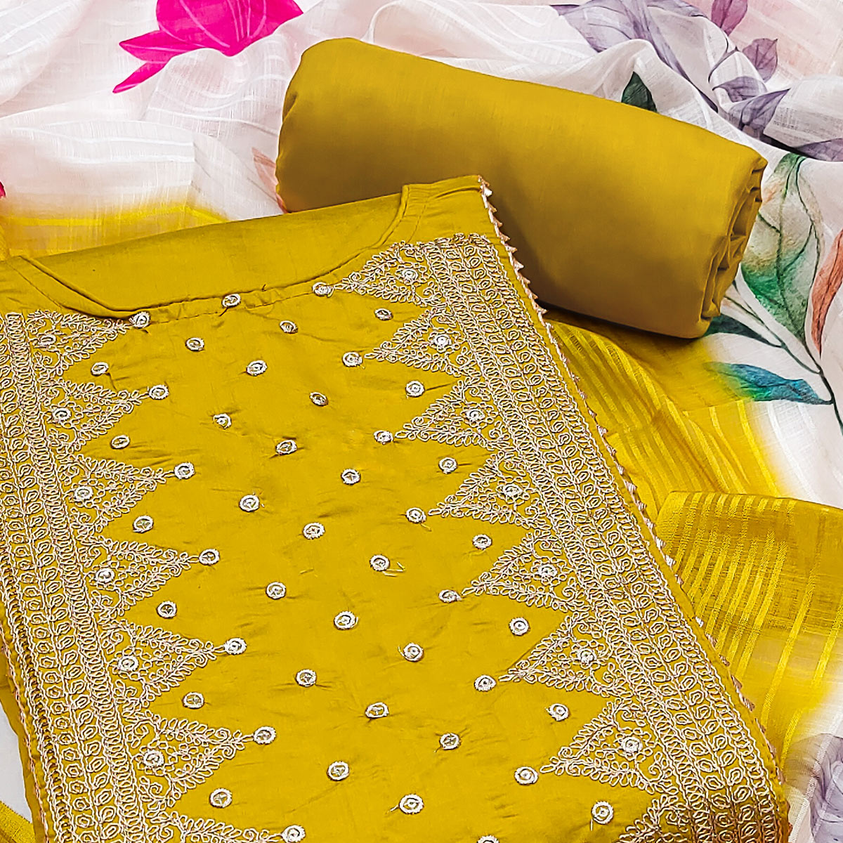 Yellow Golden Thread Embroidered On Viscose Dress Material