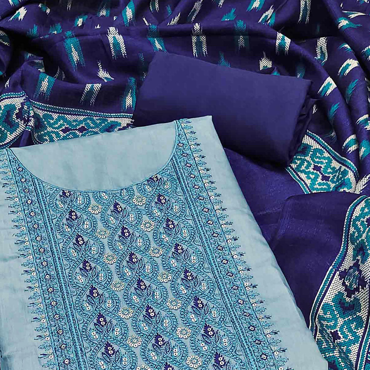 Charming Blue Floral Design With Sequin Work Dress Material In Chanderi Silk