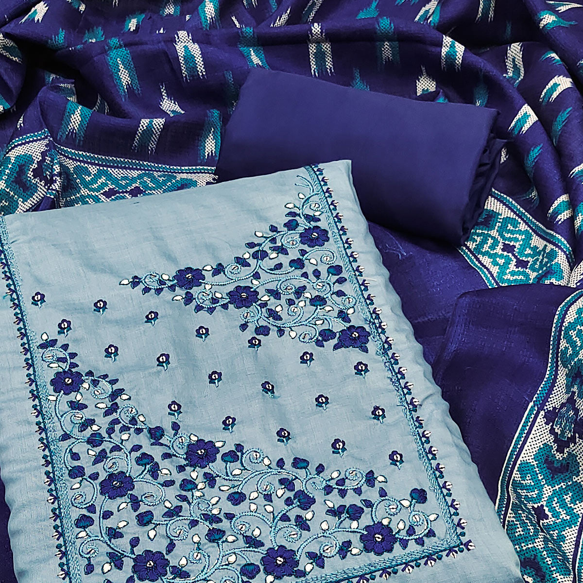 Luxury Blue Chanderi Silk Floral Sequin Embroidered Work Dress Material