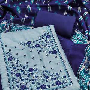 Luxury Blue Chanderi Silk Floral Sequin Embroidered Work Dress Material