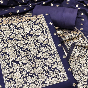 Ornate Navy Blue Banarasi Silk With Floral Zari Weaving Work Dress Material
