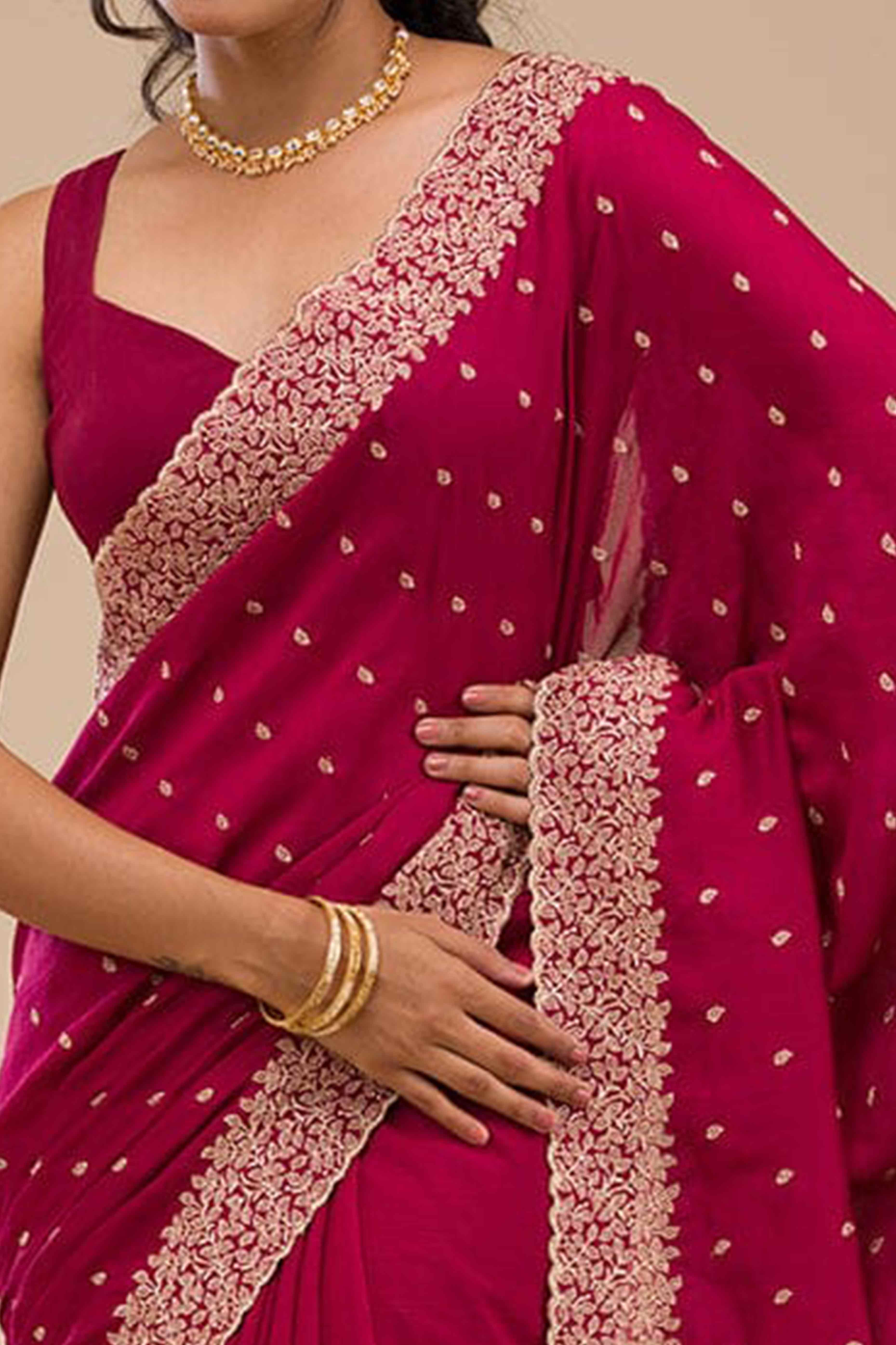 Sophisticated Pink Saree in Vichitra Silk with All-Over Floral Embroidered