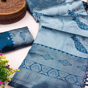 Blue Banarasi Silk Saree Featuring Zari Weaving Peacock Pattern & Luxe Tassels