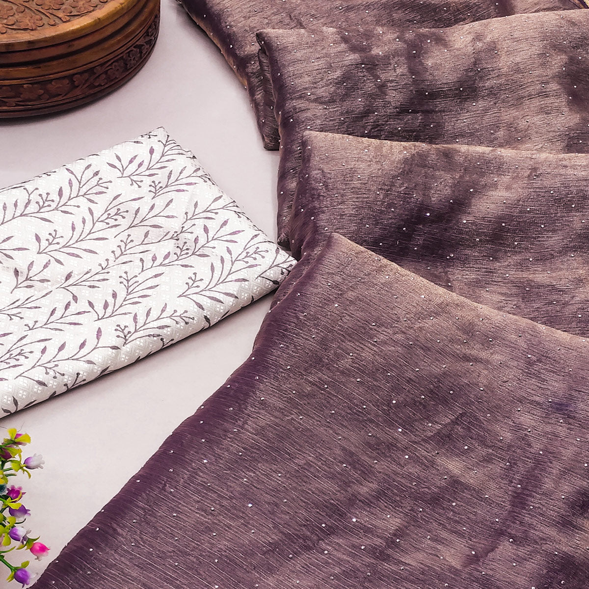 Muted Purple Organza Saree with Stone Embellishments and Mirror Trim