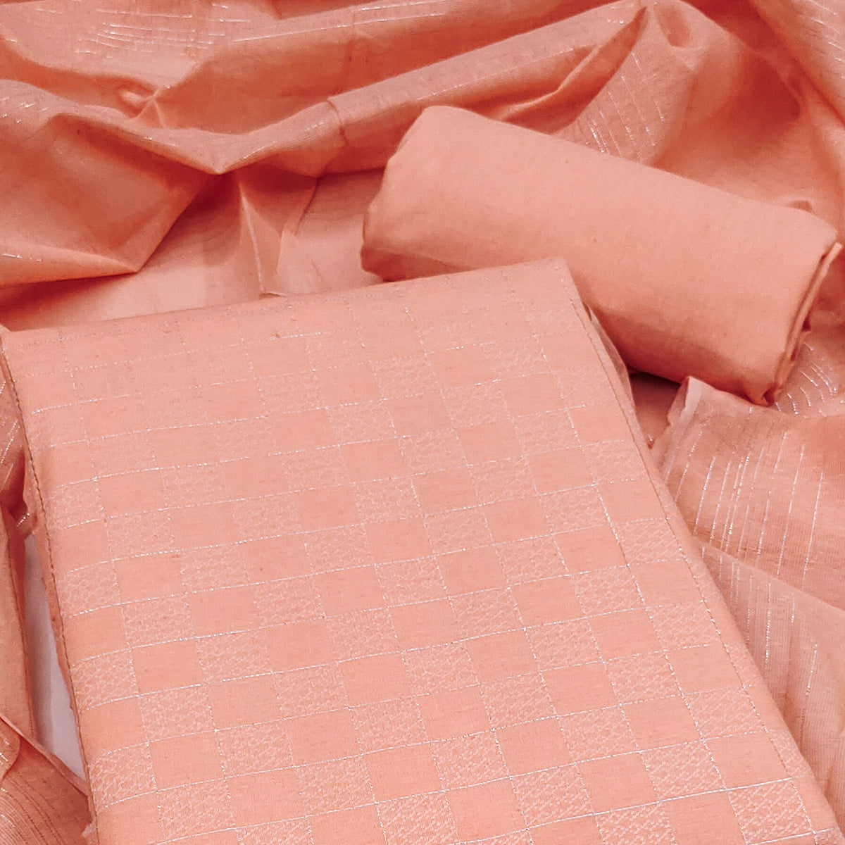 Soft and Breathable Pure Cotton Dress Material in Peach with Timeless Checkered Design