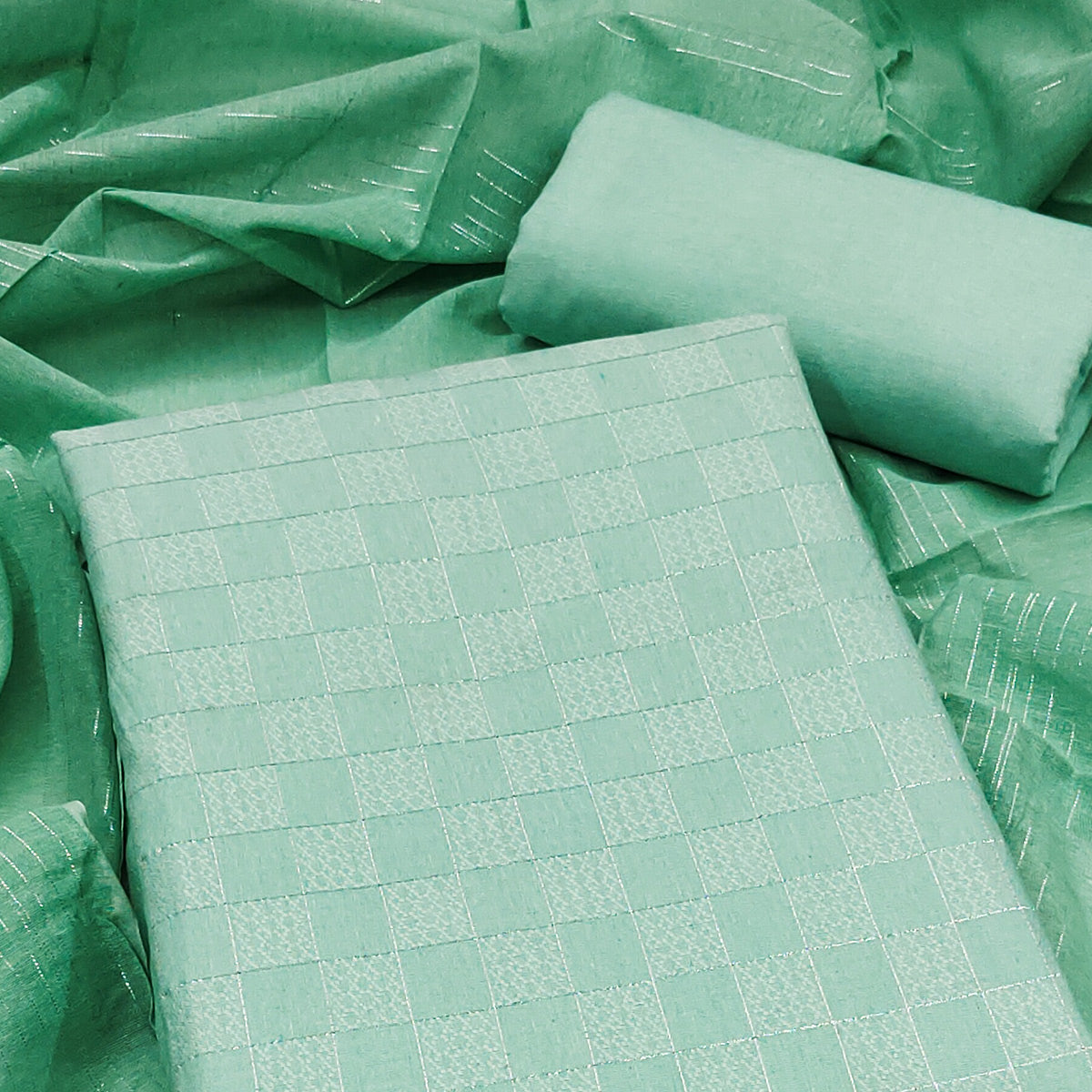 Soft and Breathable Pure Cotton Dress Material in Sea Green with Timeless Checkered Design