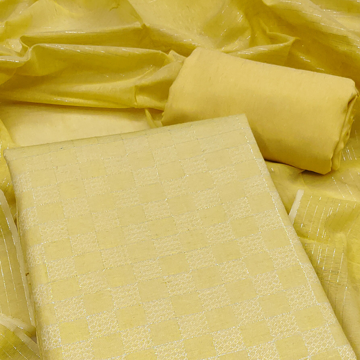 Soft and Breathable Pure Cotton Dress Material in Yellow with Timeless Checkered Design