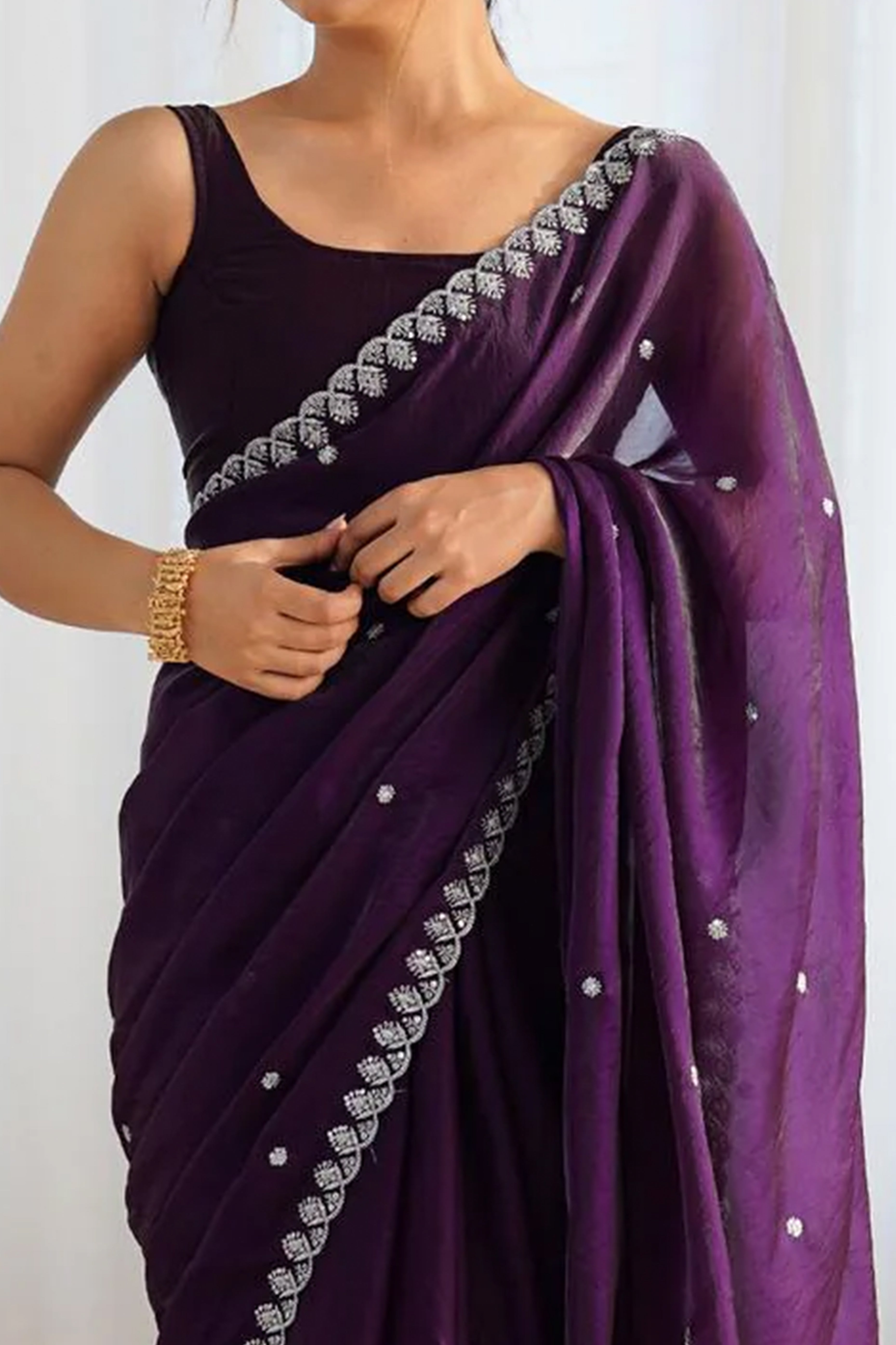 Stunning Dark Purple Organza Satin Silk Saree Adorned With Floral Sequin Zari Embroidery Work