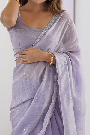 Stunning Lavender Organza Satin Silk Saree Adorned With Floral Sequin Zari Embroidery Work