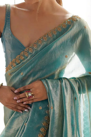 Stunning Turquoise Organza Satin Silk Saree Adorned With Floral Sequin Zari Embroidery Work