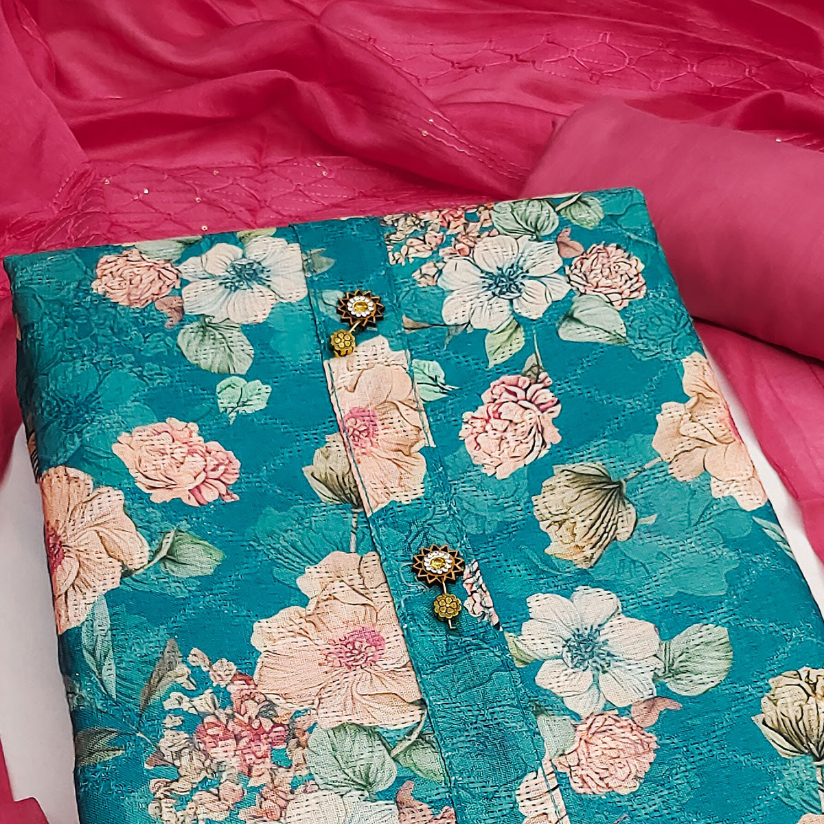 Teal Linen Dress Material with Floral Prints for Everyday Elegance