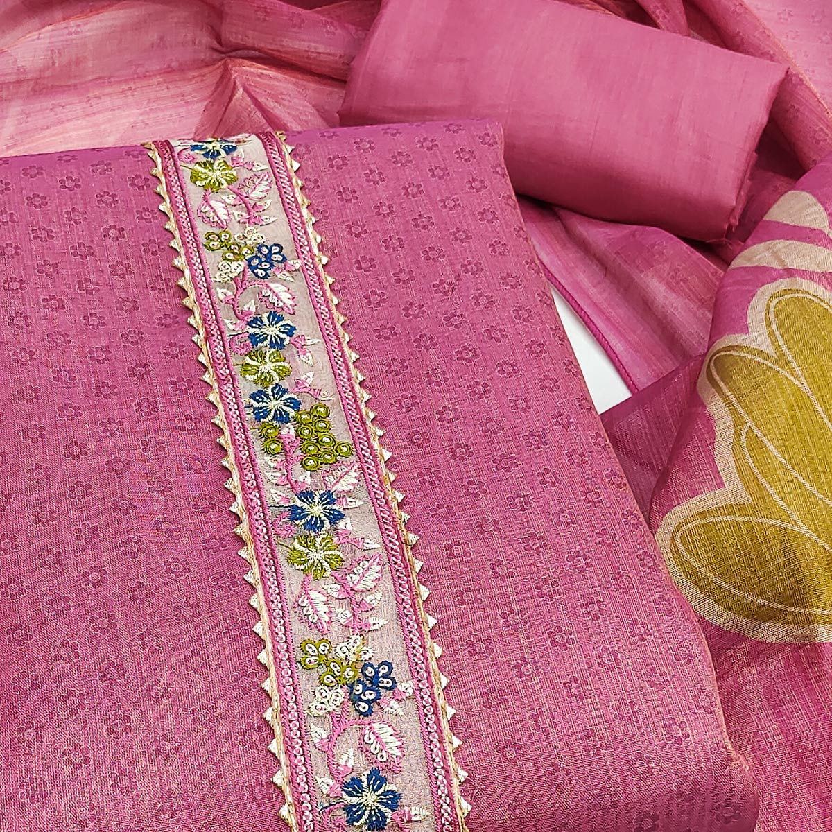 Pink Art Silk Dress Material Adorned with Soft Floral Prints for a Regal Ethnic Touch