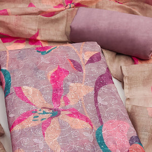 Mauve Linen Dress Material Adorned with Artistic Floral Print and Elegant Thread Embroidery