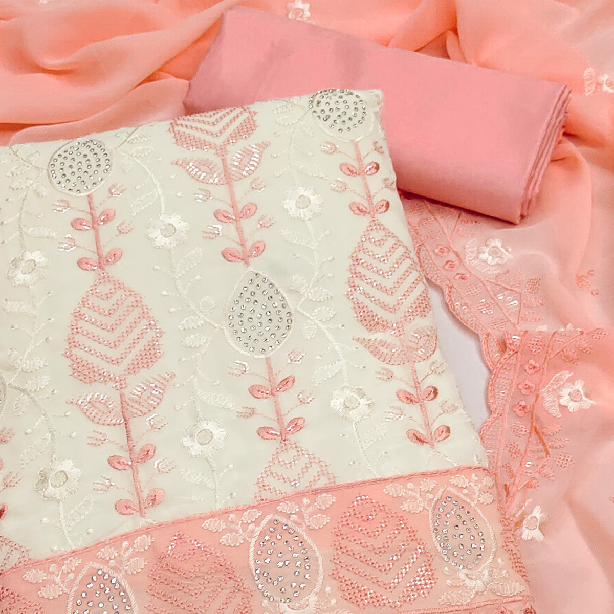 Premium Georgette Dress Material in Peach & Cream with Refined Floral Embroidery