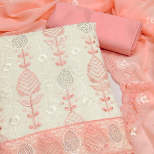 Premium Georgette Dress Material in Peach & Cream with Refined Floral Embroidery