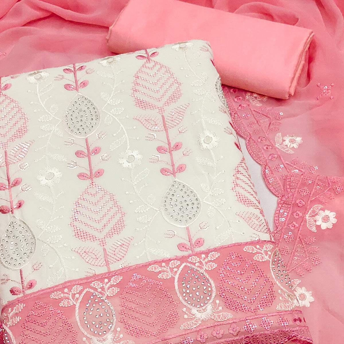 Premium Georgette Dress Material in Pink & Cream with Refined Floral Embroidery