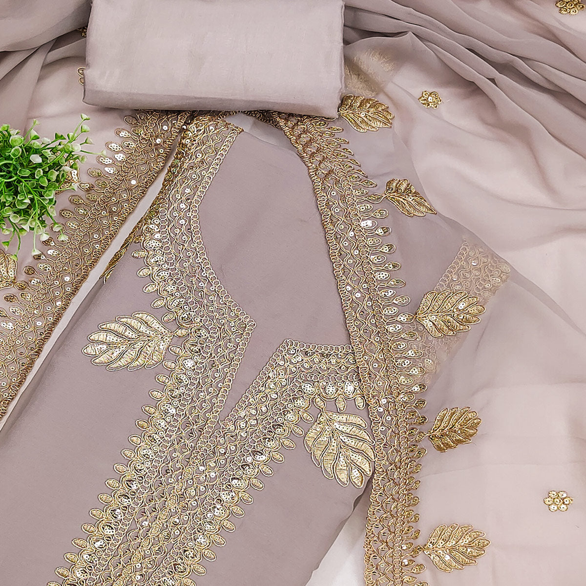 Taupe Beige Ethnic Dress Material in Georgette with Embroidery