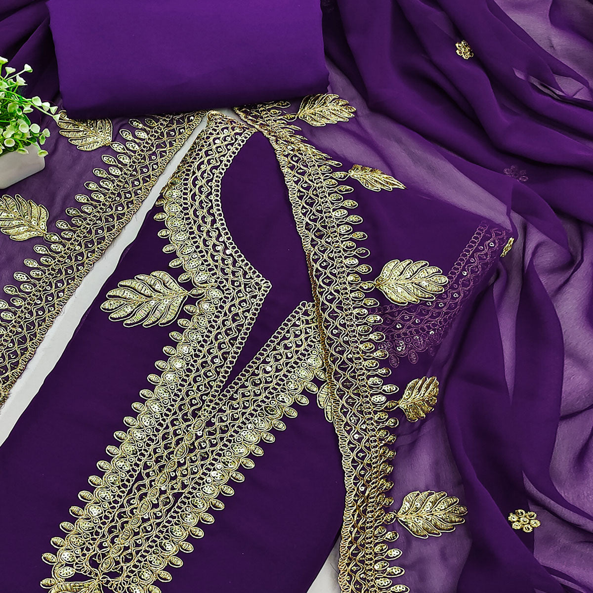 Violet Ethnic Dress Material in Georgette with Embroidery