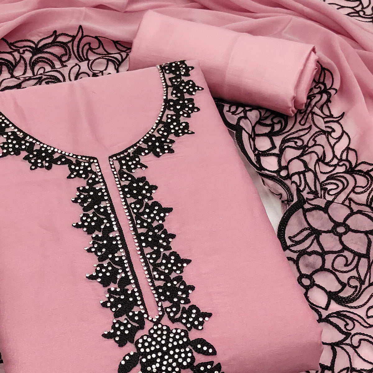 Pink Unstitched Georgette Dress Material Featuring Thread Detailing