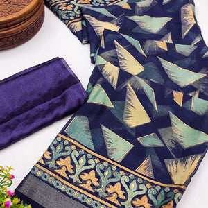 Blue Saree in Brasso with Contemporary Geometric Print