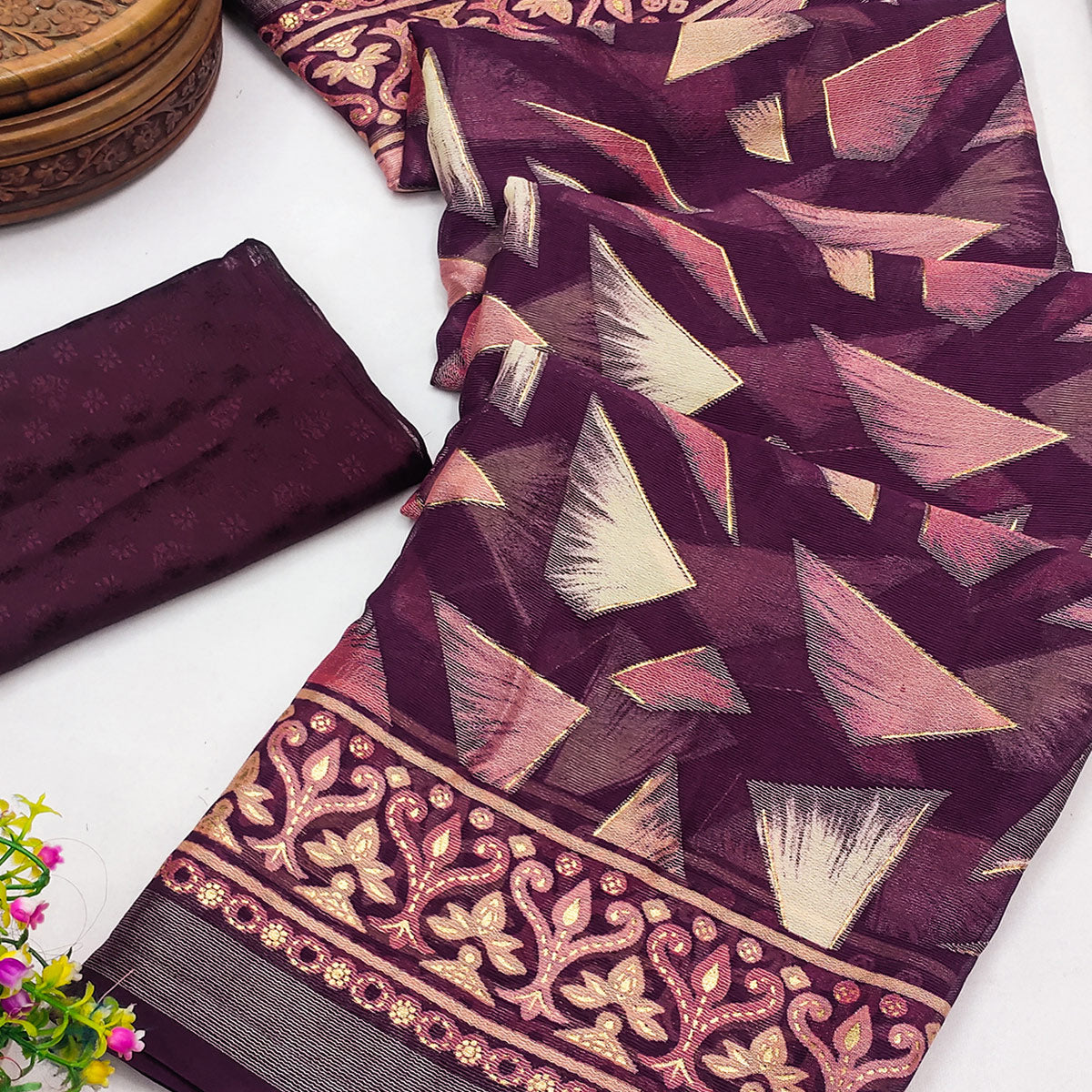 Wine Saree in Brasso with Contemporary Geometric Print
