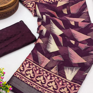 Wine Saree in Brasso with Contemporary Geometric Print