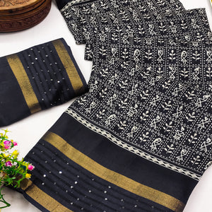 Black Printed Dola Silk Saree Showcasing Warli Heritage Patterns
