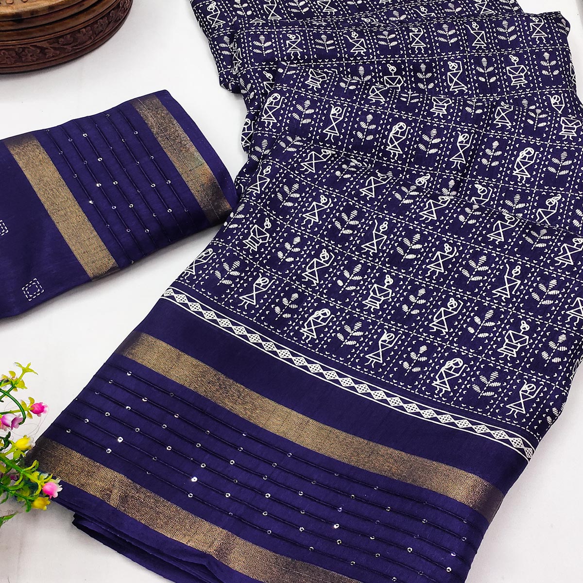 Blue Printed Dola Silk Saree Showcasing Warli Heritage Patterns