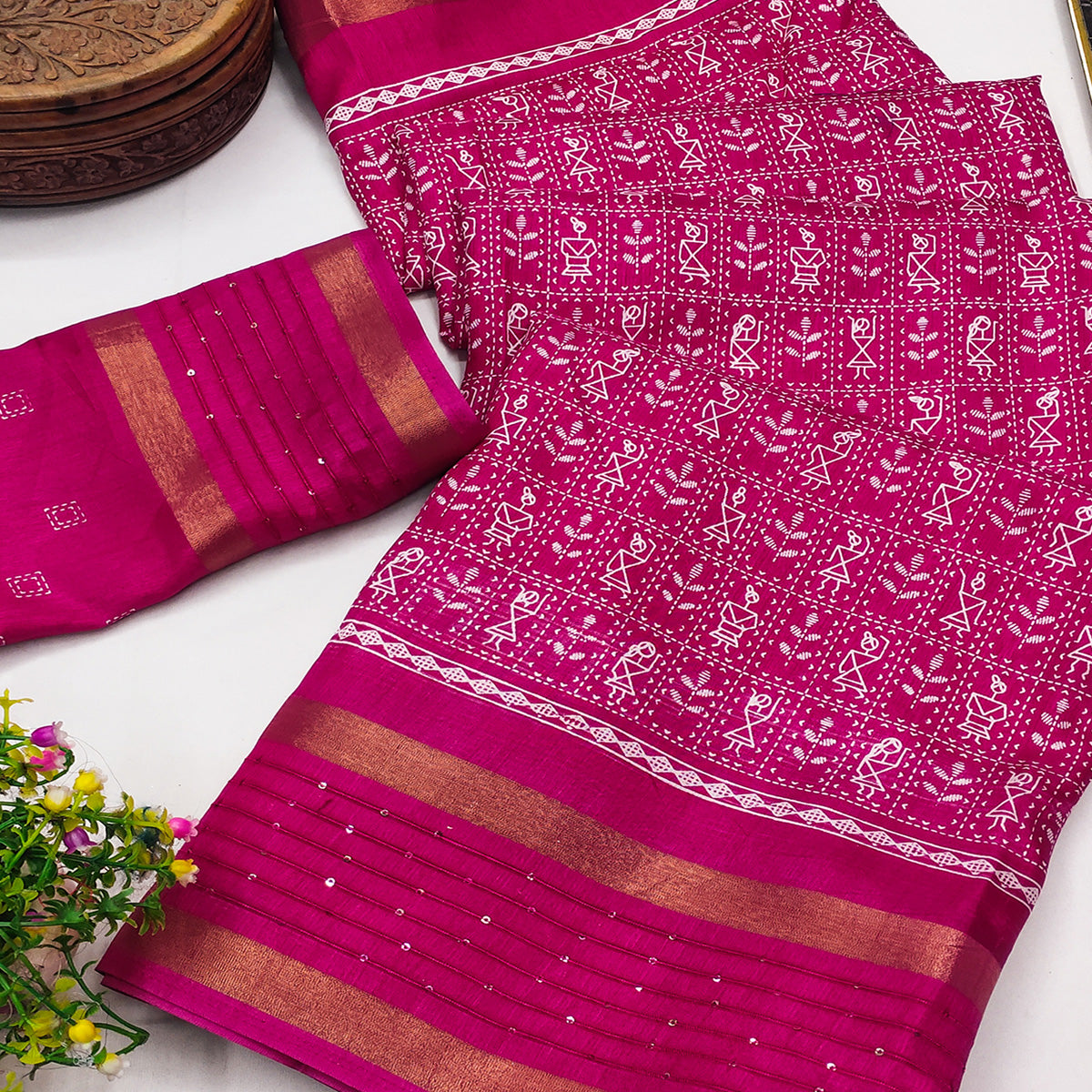 Pink Printed Dola Silk Saree Showcasing Warli Heritage Patterns