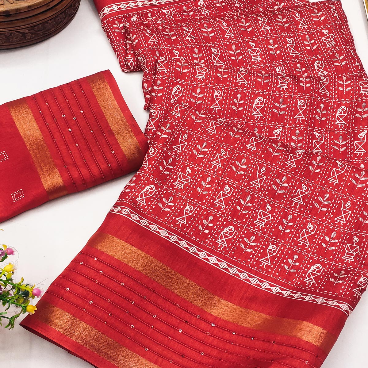 Red Printed Dola Silk Saree Showcasing Warli Heritage Patterns