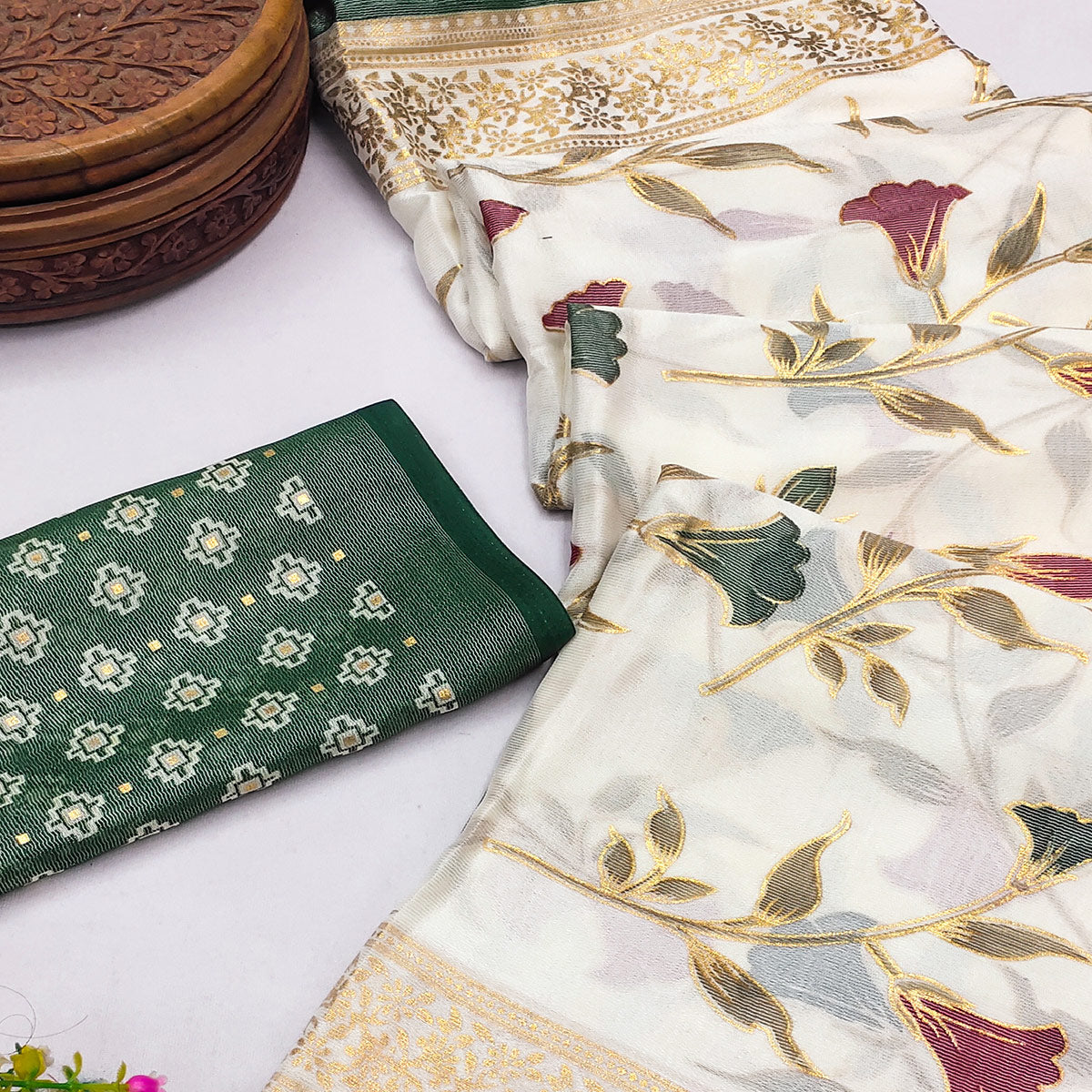 Green Sheer Brasso Saree Embellished with Floral Foil Print