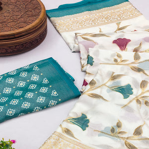 Rama Blue Sheer Brasso Saree Embellished with Floral Foil Print