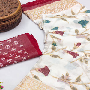 Red Sheer Brasso Saree Embellished with Floral Foil Print