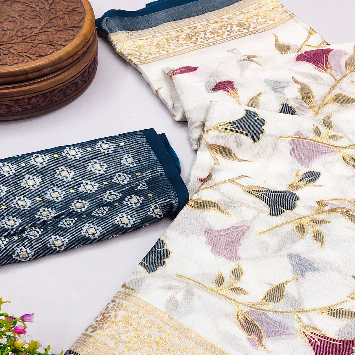 Teal Sheer Brasso Saree Embellished with Floral Foil Print