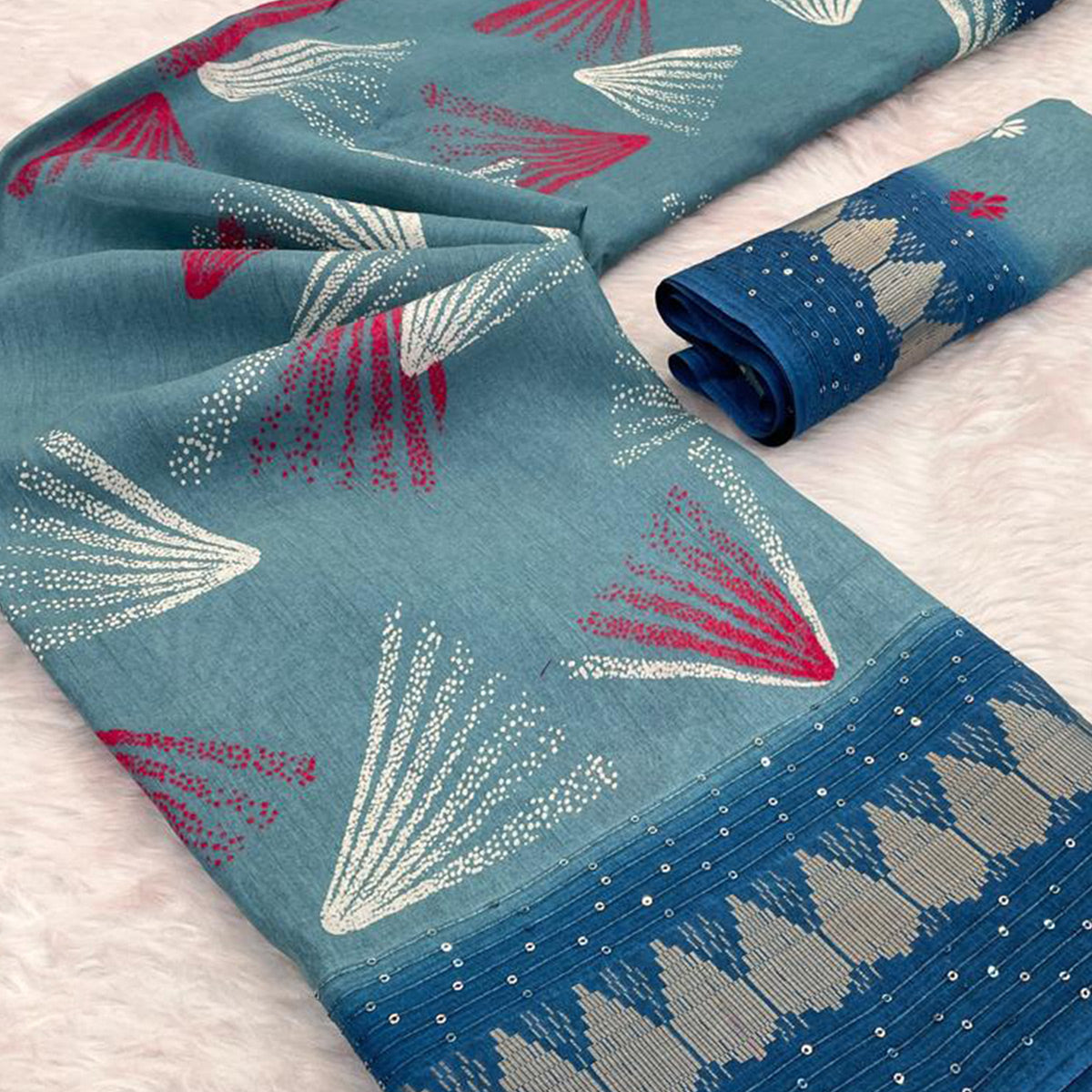 Blue Printed Dola Silk Saree with Contrast Woven Border Charm