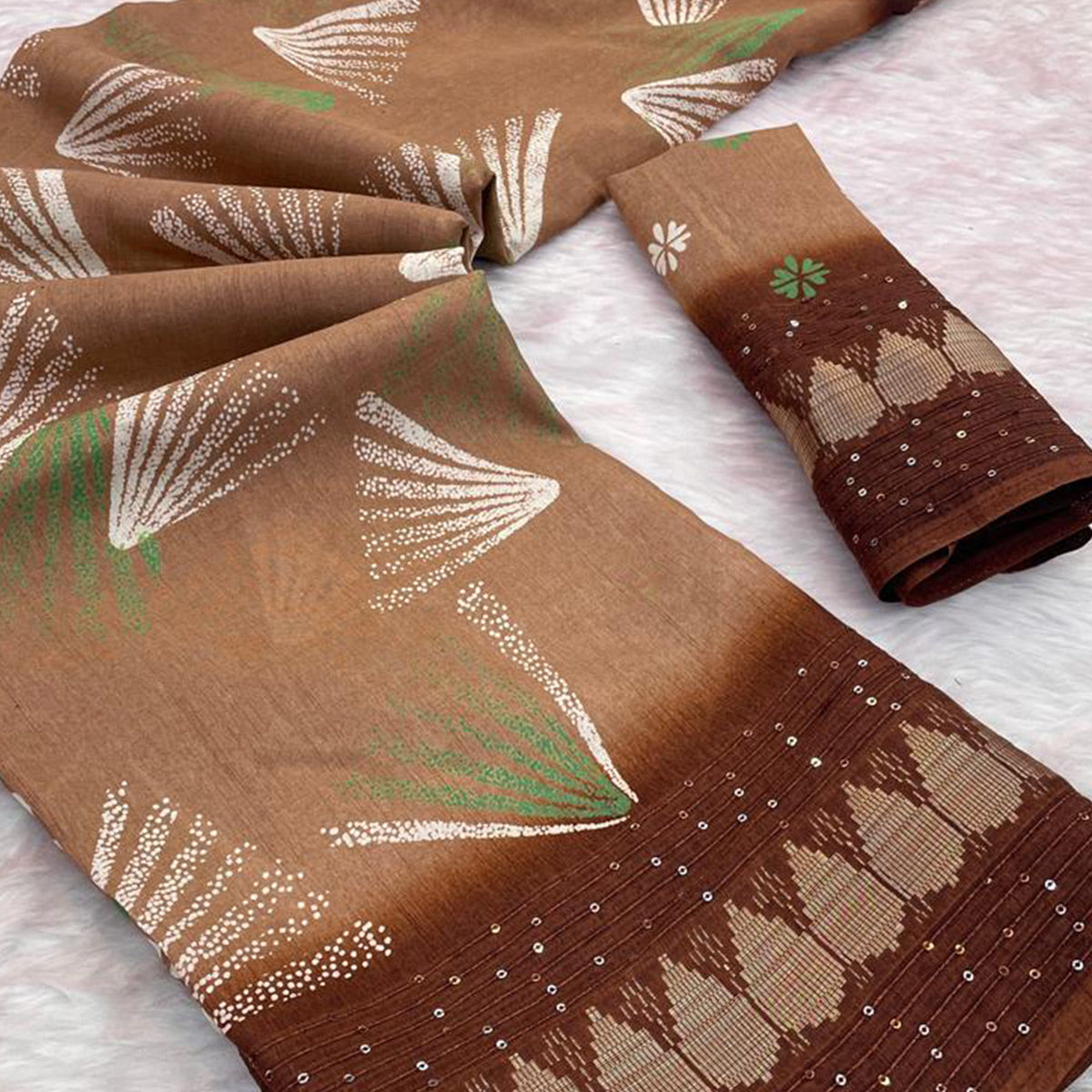 Brown Printed Dola Silk Saree with Contrast Woven Border Charm