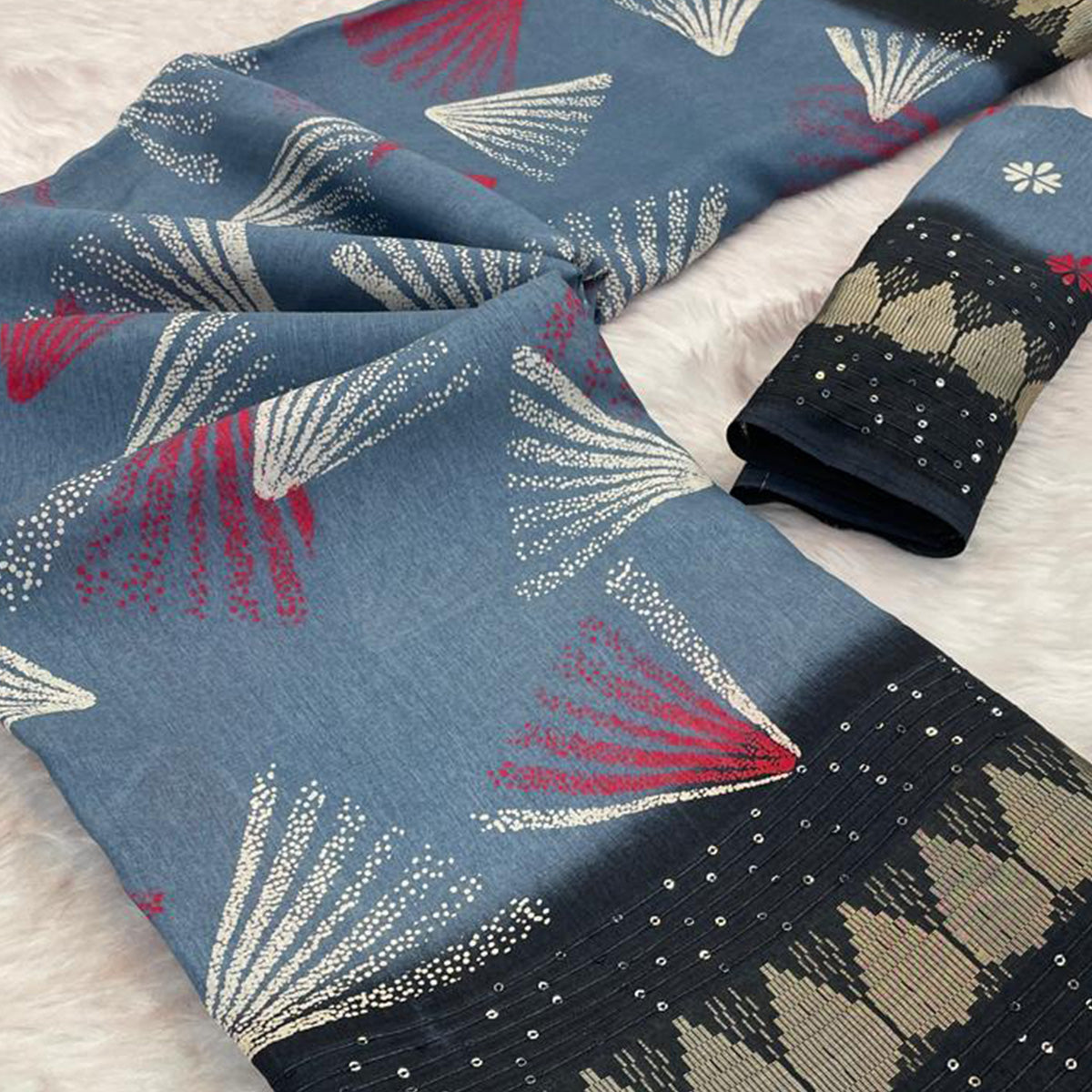 Grey Printed Dola Silk Saree with Contrast Woven Border Charm