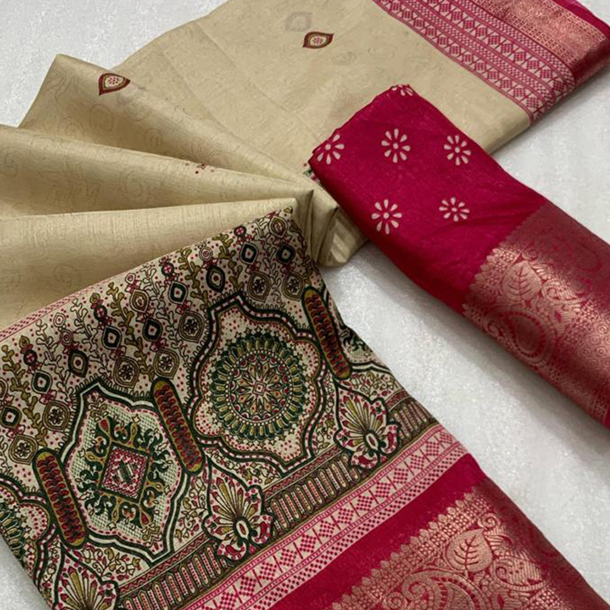 Magenta Woven Border Saree in Lustrous Dola Silk with Print Accents