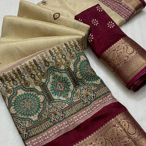Wine Woven Border Saree in Lustrous Dola Silk with Print Accents