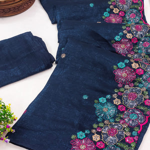 Blue Sheer Chiffon Saree with Artistic Floral Sequins Work