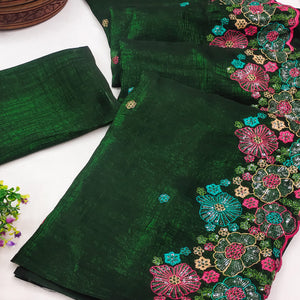 Green Sheer Chiffon Saree with Artistic Floral Sequins Work