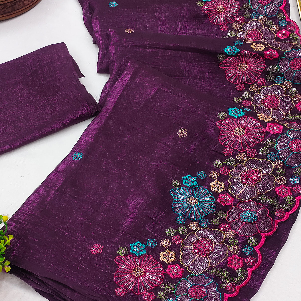 Purple Sheer Chiffon Saree with Artistic Floral Sequins Work