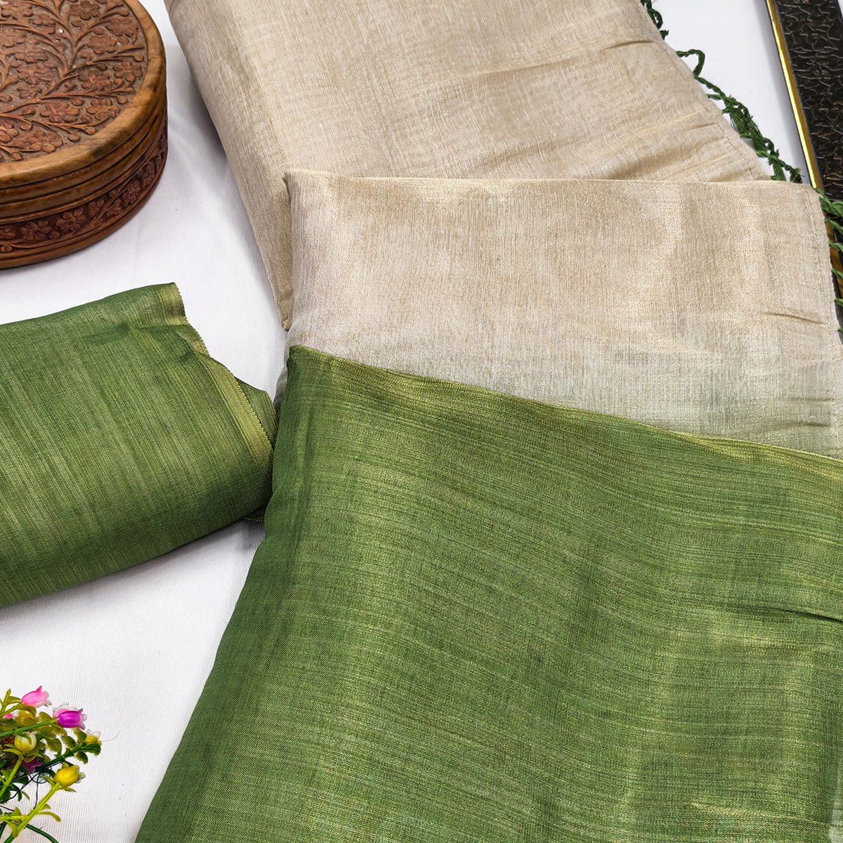 Solid Color Chikoo & Green Saree in Art Silk with Decorative Ends