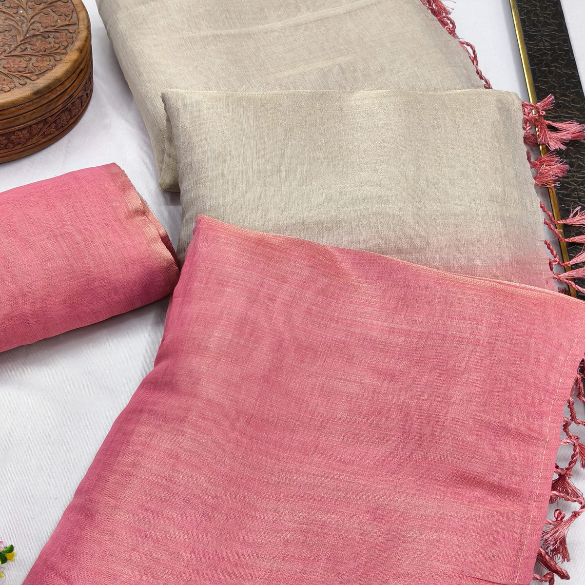 Solid Color Chikoo & Pink Saree in Art Silk with Decorative Ends