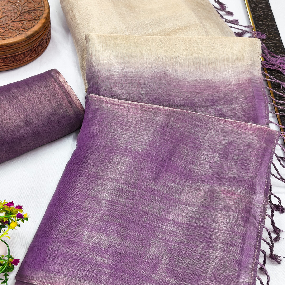 Solid Color Chikoo & Purple Saree in Art Silk with Decorative Ends
