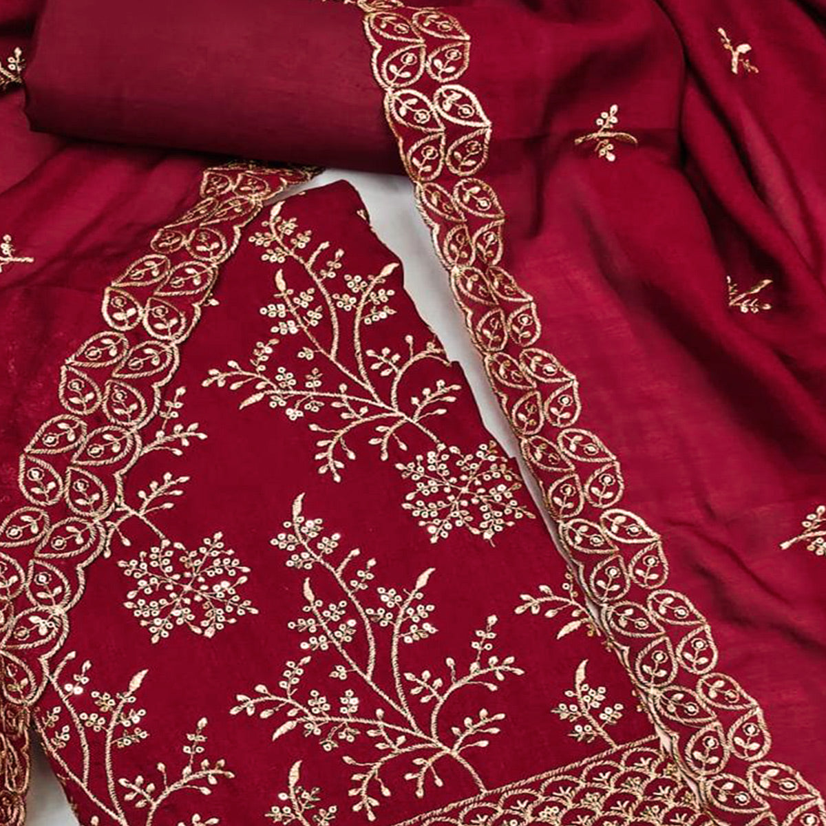 Maroon Vichitra Silk Dress Material with Sequins Embroidery