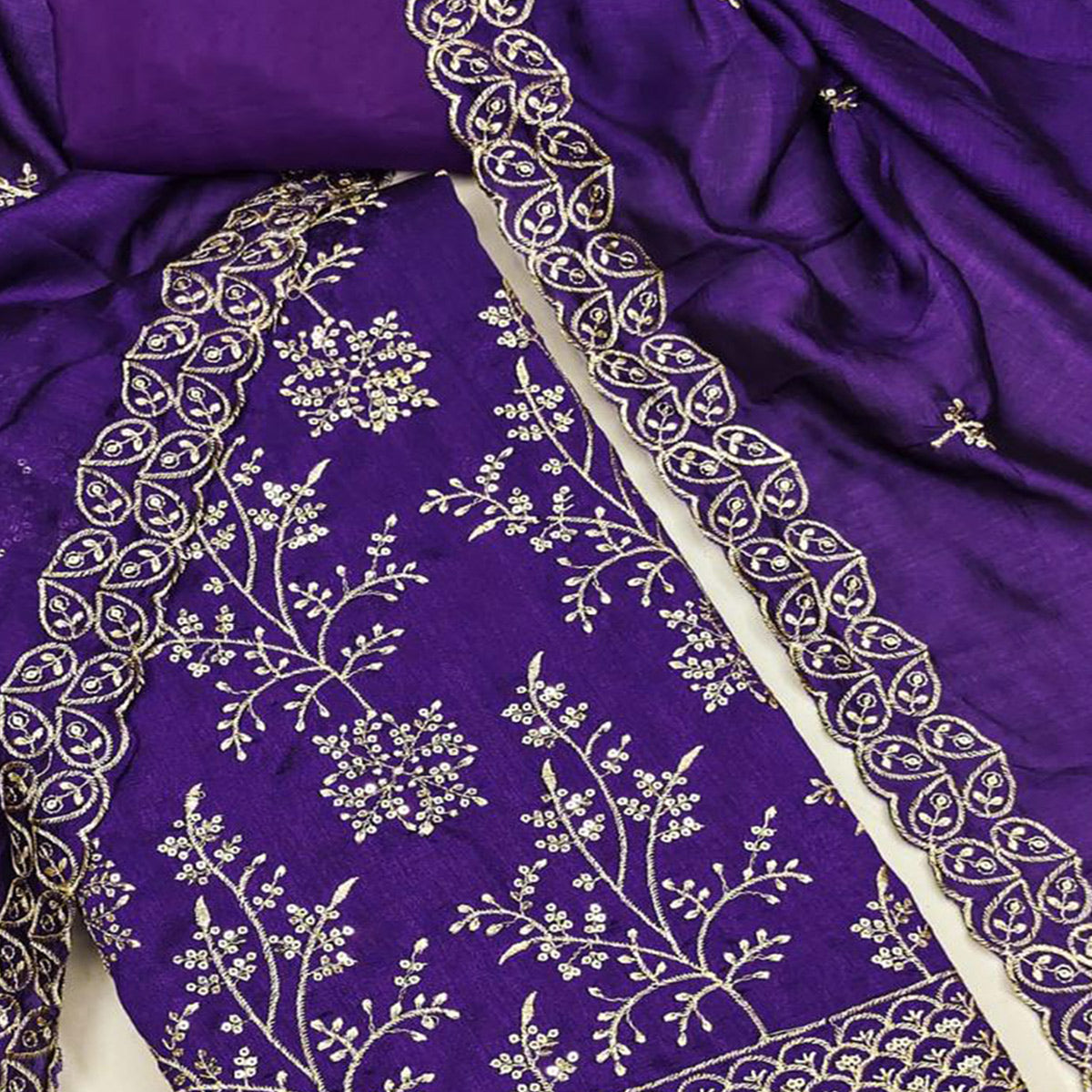 Violet Vichitra Silk Dress Material with Sequins Embroidery