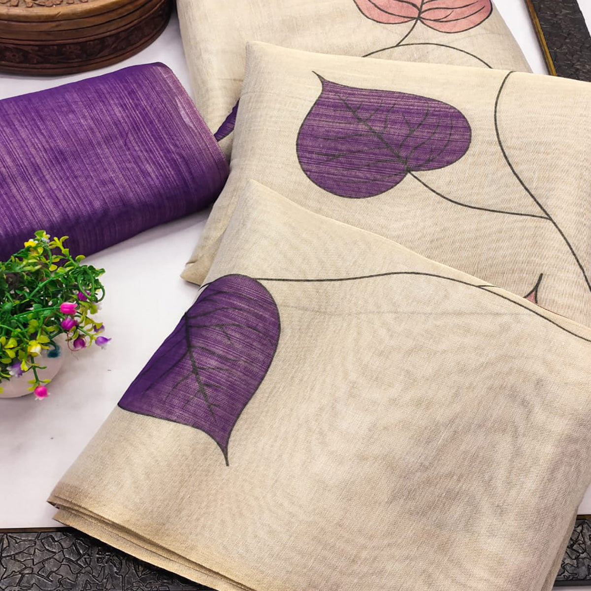 Beige & Lavender Saree in Art Silk Featuring Leafy Print & Tassels