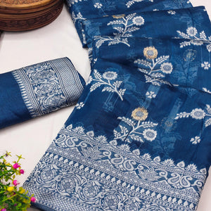 Festive Wear Teal Banarasi Silk Saree with Floral Zari Work
