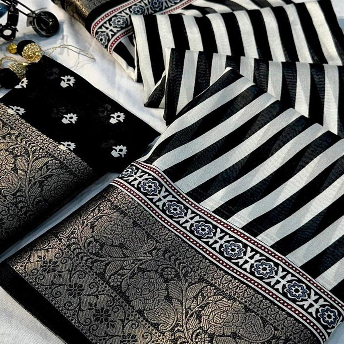 White & Black Woven Border Striped Print Dola Silk Saree for Festive Wear